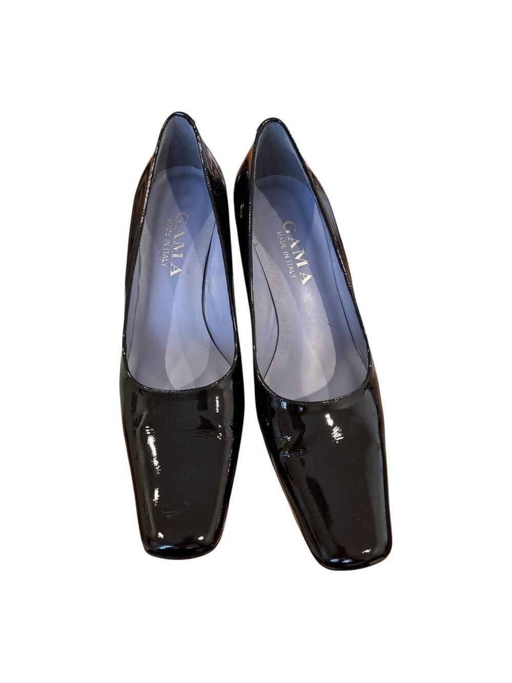80s GAMA MADE IN ITALY BLACK PATENT LEATHER FLARED BLOCK HEEL COURT SHOE SZ 9.5 - Picture 6 of 9